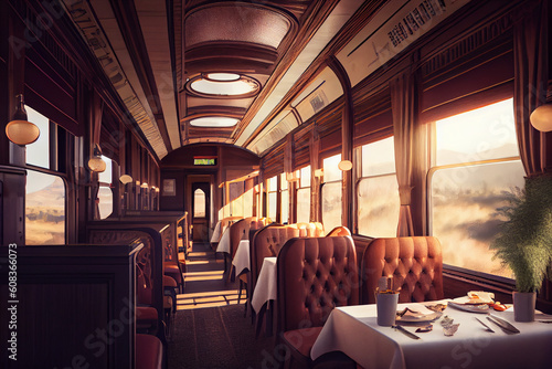 Restaurant carriage interior, luxury train, retro, vintage style.