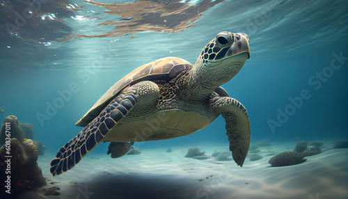 An endangered Hawaiian Green Sea Turtle cruises in the sea Ai generated image © PixxStudio