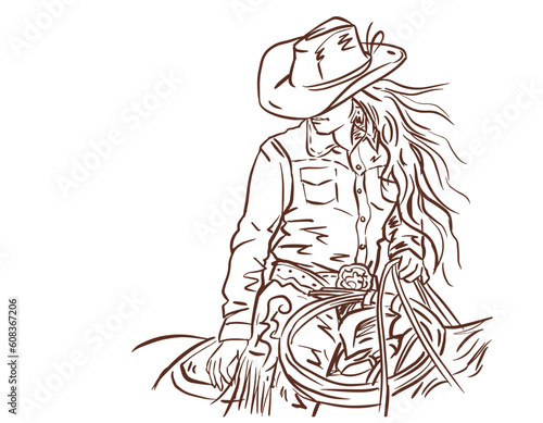 the girl with cowboy suit sitting on horseback vector for card decoration illustration