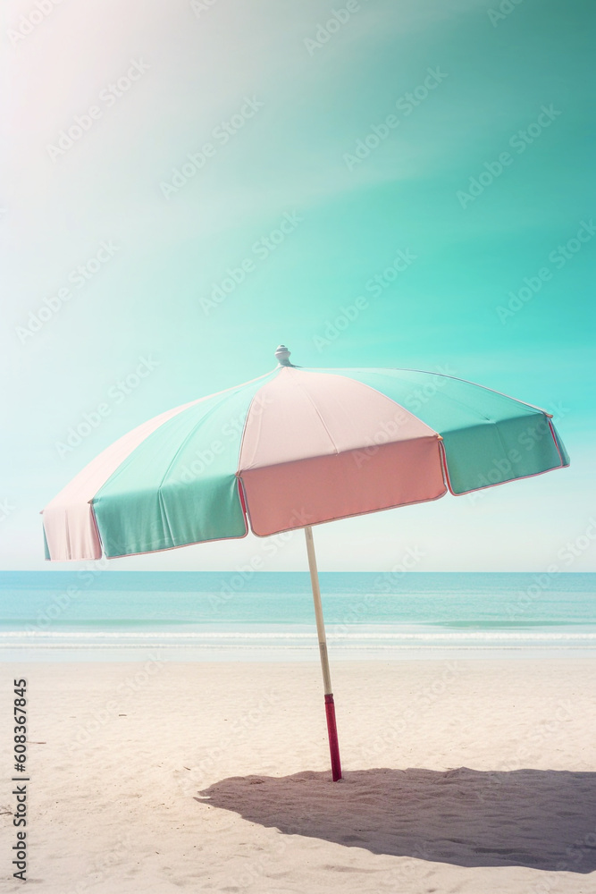 Sombrilla con colores pastel en la arena de la playa al lado del mar en día soleado. Generative ai