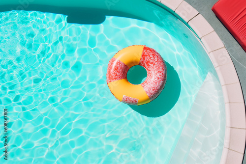Piscina con flotadores e hinchables en vista cenital. Vista aérea de una piscina al sol en verano. Generative ai.