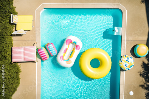 Piscina con flotadores e hinchables en vista cenital. Vista aérea de una piscina al sol en verano. Generative ai. photo