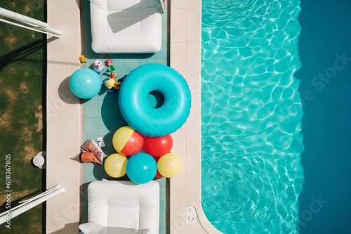 Piscina con flotadores e hinchables en vista cenital. Vista aérea de una piscina al sol en verano. Generative ai. photo