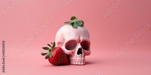 Human skull of strawberries isolated on pink background with copy space. Strawberry skull, creative art object for a Halloween party. Generative AI professional photo imitation.