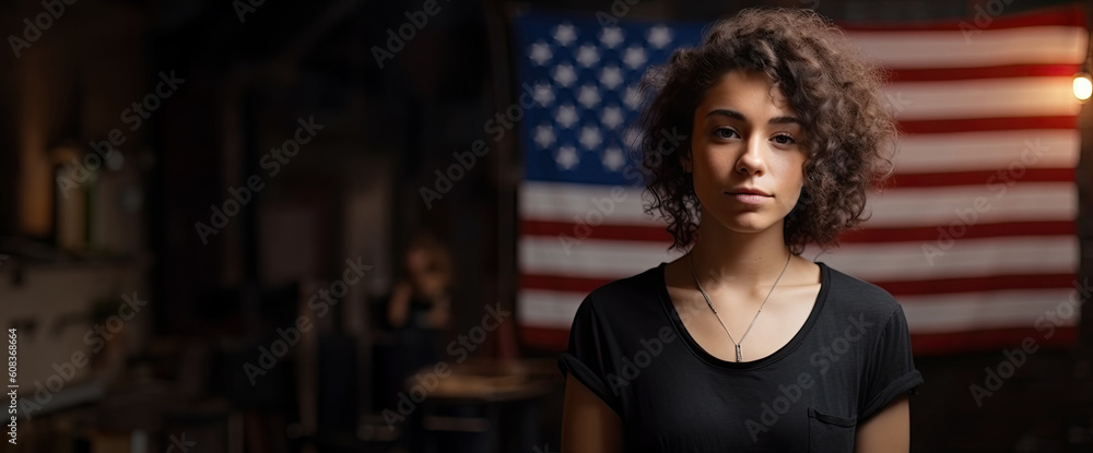 Fototapeta premium cool curly woman wearing blank bella canvas black empty tshirt, showing for mockup area, hyperrealistic, boho style, american flag is on the background behind the woman,generative ai.