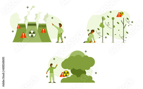sustainability illustration set. characters watched a nuclear reactor malfunction causing an explosion and air pollution in the area. effects of nuclear reactor failures concept. vector illustration.