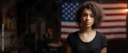 cool curly woman wearing blank bella canvas  black empty tshirt  showing for mockup area  hyperrealistic  boho style  american flag is on the background behind the woman generative ai.