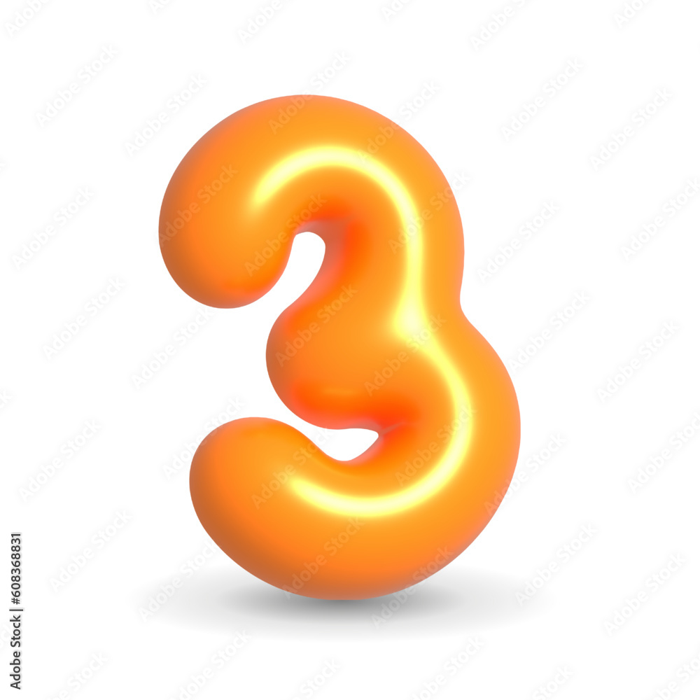Gleaming, luxury and lustrous orange balloon digit three. 3d realistic design element isolated on white background. For Events, Party, Happy Birthday. Gleaming, luxury and lustrous orange balloon digit three. 3d realistic design element isolated on white background. For Events, Party, Happy Birthday.