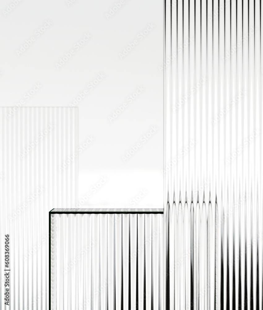 Minimal style mockup for product presentation. Ribbed glass podium on white background. 3d rendering illustration. Clipping path of each element included. Minimal style mockup for product presentation. Ribbed glass podium on white background. 3d rendering illustration. Clipping path of each element included.