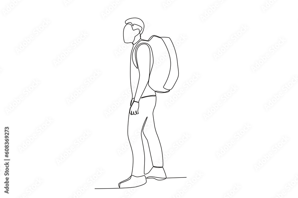 A train passenger carrying a bag. Train station activities one-line drawing