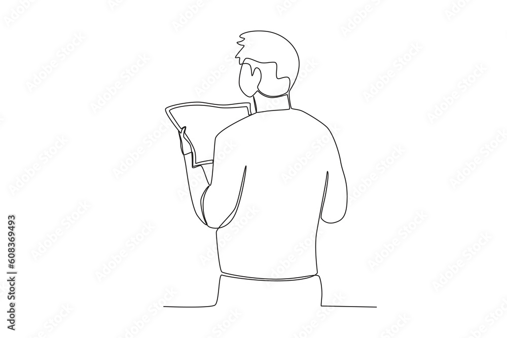 A man reads a newspaper at the station. Train station activities one-line drawing