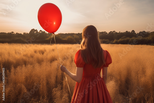 Young woman seen from the back in red dress in a meadow of ocher tones holding a red balloon. Idyllic and nostalgic image of youth