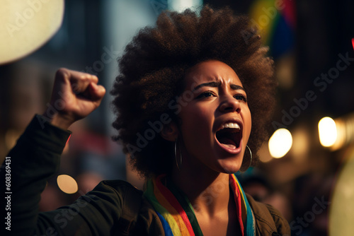Close-up of a black girl with afro hair shouting with raised fist at a gay pride demonstration. Defending and supporting the rights of the lgbtiq+ community