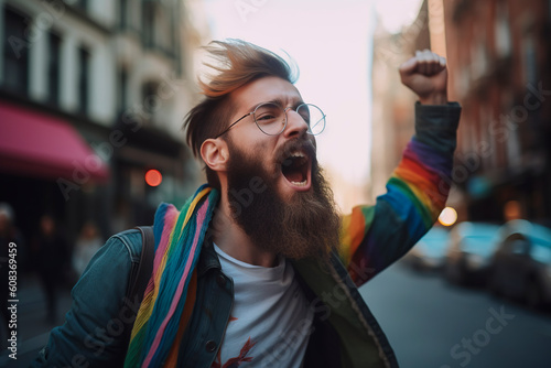 Close-up of a hipster-style guy shouting with his fist raised at a gay pride rally, defending the rights of the lgbtiq+ community