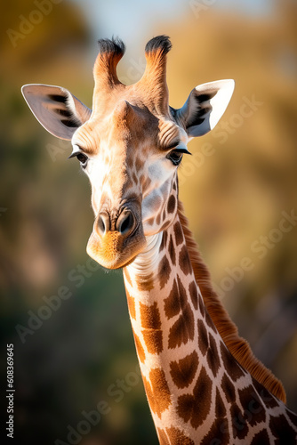 Close-up of a giraffe in the African savannah. Giraffe looking at camera with a bokeh background