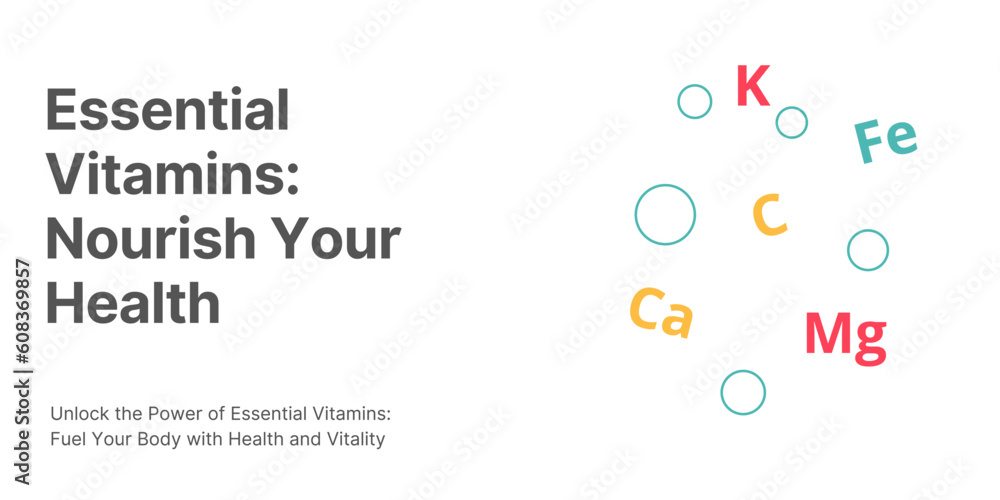 Essential Vitamins Banner on White Background. Stylish Banner with Text and Icons for Healthcare and Medical Essential Vitamins Banner on White Background. Stylish Banner with Text and Icons for Healthcare and Medical