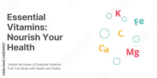 Essential Vitamins Banner on White Background. Stylish Banner with Text and Icons for Healthcare and Medical
