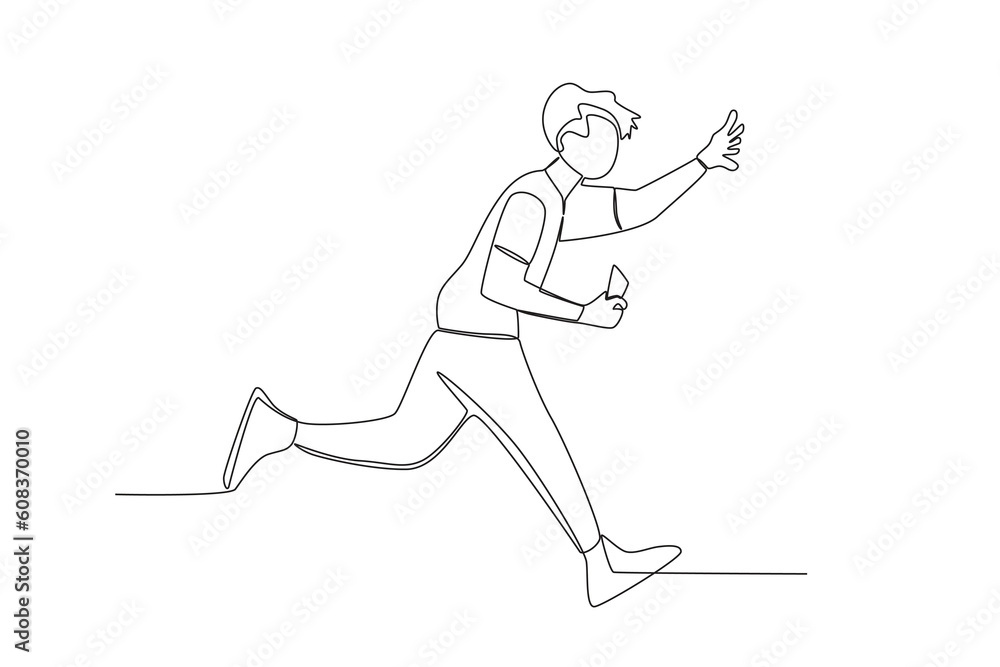 A man ran quickly to catch the train schedule. Train station activities one-line drawing A man ran quickly to catch the train schedule. Train station activities one-line drawing