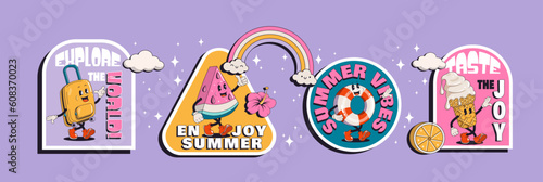 Set of summer retro stickers or patches with walking funny cute comic characters. Lettering illustration for t-shirt print. Suitcase, ice cream, cocktail, spf cream, watermelon, pool float, surf