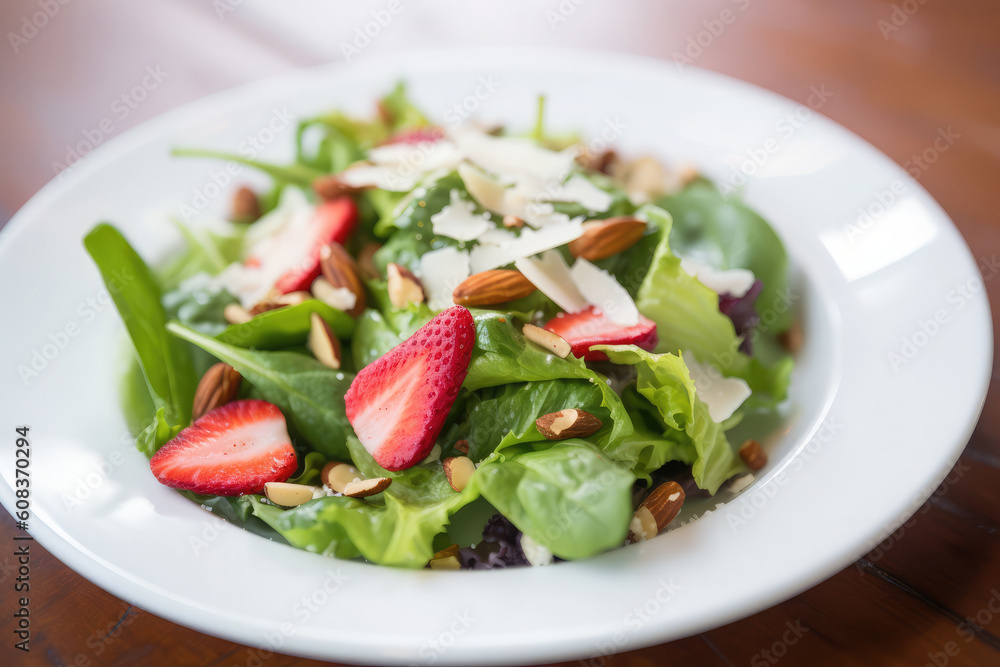 Close-up view of a strawberry salad in a white plate. Healthy, organic and fresh summer meal. Close-up view of a strawberry salad in a white plate. Healthy, organic and fresh summer meal.