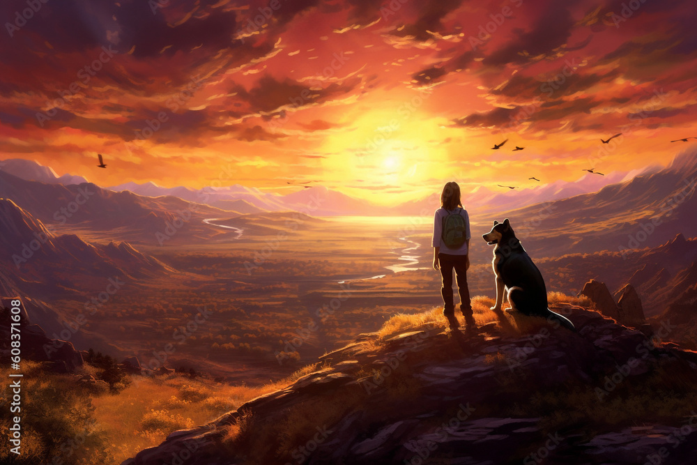 Illustration of teenage girl enjoying the sunset with her dog, silhouetted - Generative AI