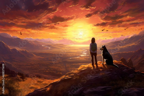 Illustration of teenage girl enjoying the sunset with her dog, silhouetted - Generative AI