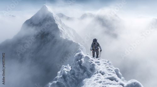 Lonely mountaineer ascending icy mountain ridge - Generative AI