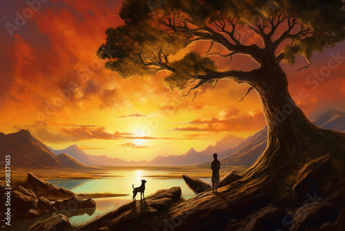 Illustration of teenage girl enjoying the sunset with her dog, silhouetted - Generative AI