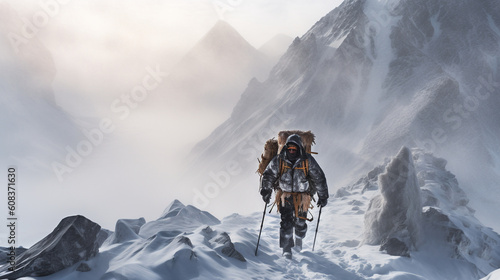 Lonely mountaineer ascending icy mountain ridge - Generative AI © Luca