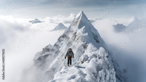 Lonely mountaineer ascending icy mountain ridge - Generative AI