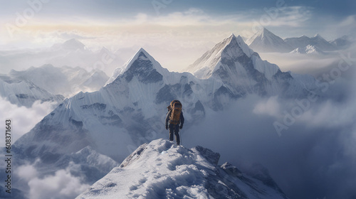Lonely mountaineer ascending icy mountain ridge - Generative AI © Luca