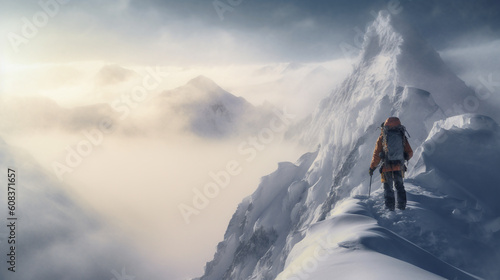 Lonely mountaineer ascending icy mountain ridge - Generative AI