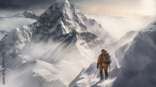 Lonely mountaineer ascending icy mountain ridge - Generative AI