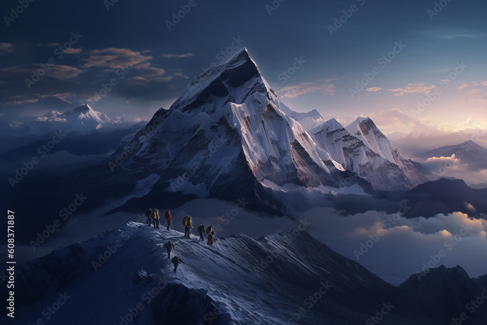 Group of mountain climbers walking on ridge towards the peak of mount everest - Generative AI