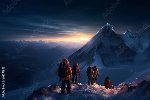 Group of mountain climbers walking on ridge towards the peak of mount everest - Generative AI © Luca