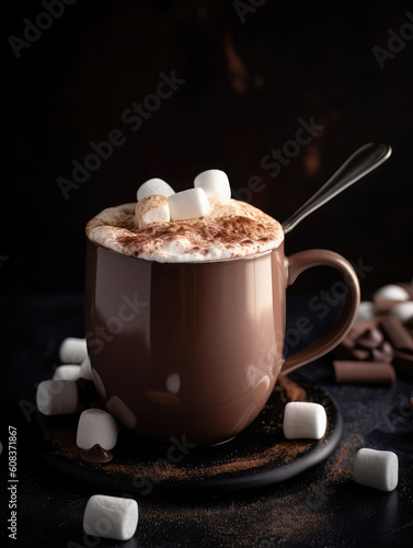 Hot chocolate with cream and marshmallows in a cup. Generative AI