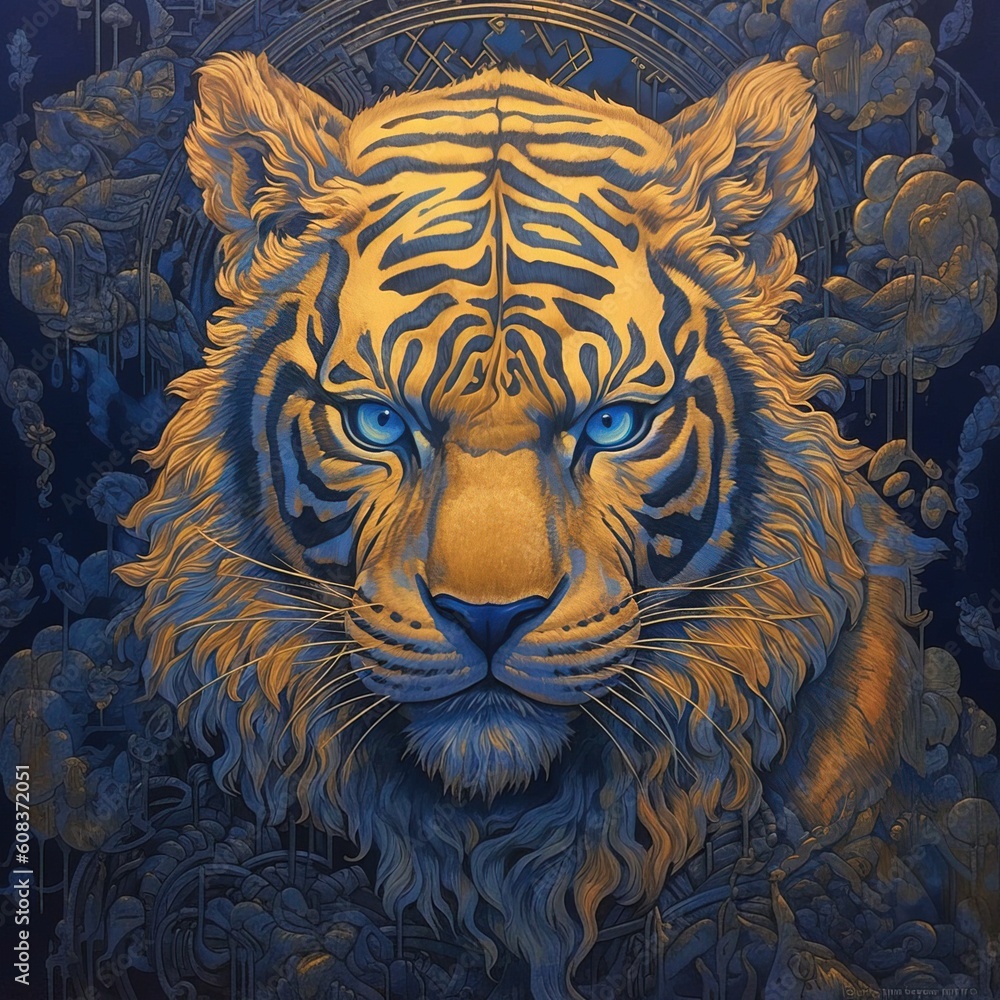 A gold plated painting showing captivating tiger ,dourado, made with AI Generative art