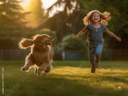 Young child playing with golden retriever dog at sunset - Generative AI