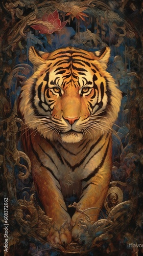 A gold plated painting showing captivating tiger  dourado  made with AI Generative art