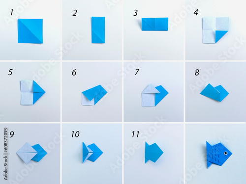 Step by step photo instruction how to make origami fish. Simple diy with kids children's concept. Collage of the steps photo.