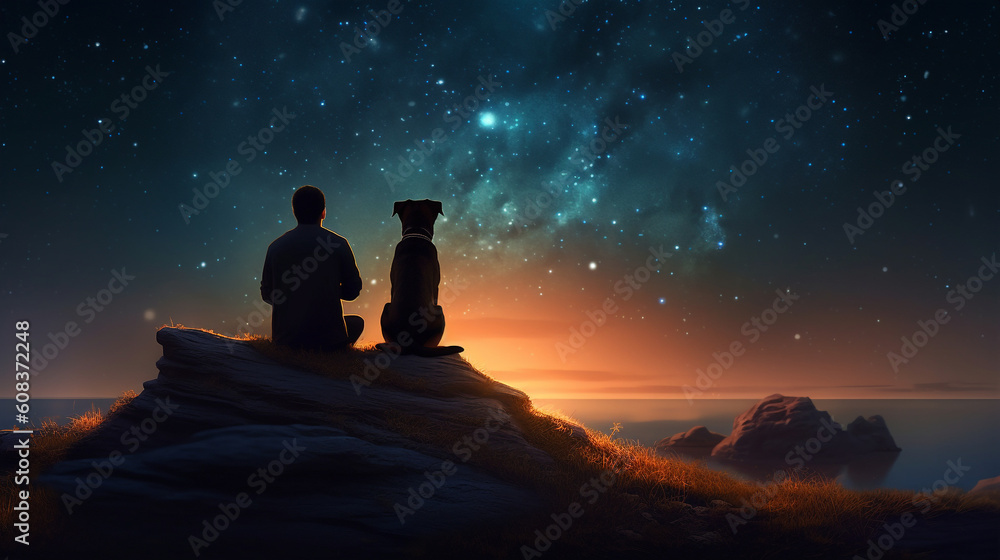 Sillhouetted young man and his dog watching night sky on hill - Generative AI