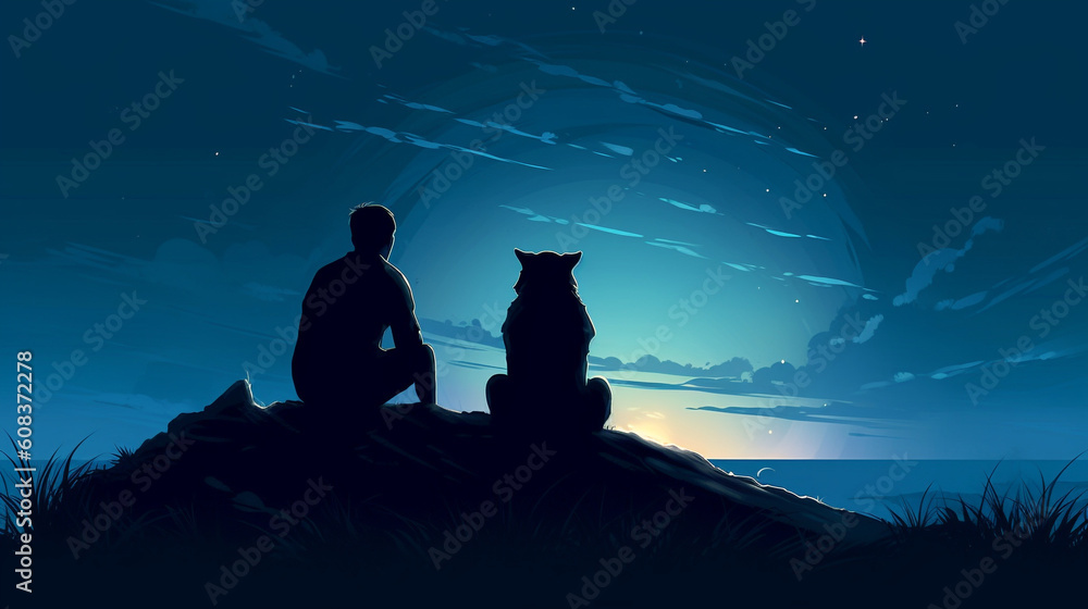 Sillhouetted young man and his dog watching night sky on hill - Generative AI Sillhouetted young man and his dog watching night sky on hill - Generative AI