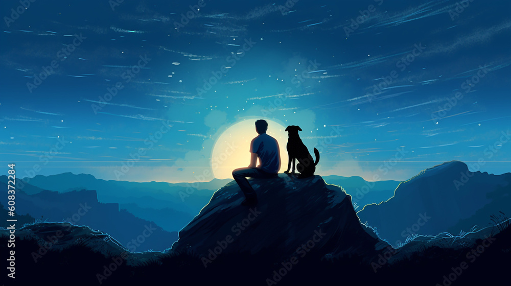 Fototapeta premium Sillhouetted young man and his dog watching night sky on hill - Generative AI