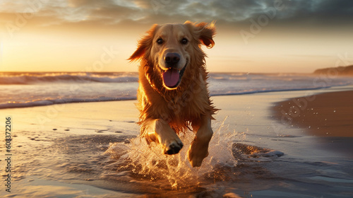 Golden retriever dog running towards camera on beach at sunset - Generative AI