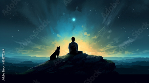 Sillhouetted young man and his dog watching night sky on hill - Generative AI