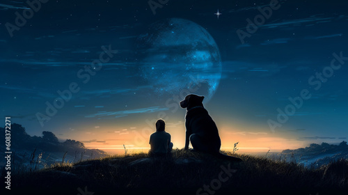 Sillhouetted young man and his dog watching night sky on hill - Generative AI