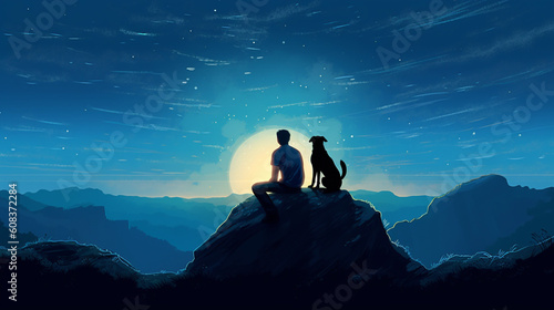 Sillhouetted young man and his dog watching night sky on hill - Generative AI
