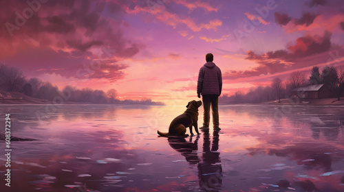 Surreal landscape showing man standing on colorful lake with his dog  dog and man - Generative AI