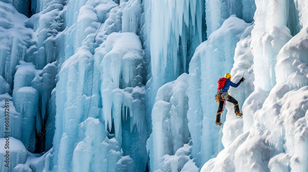 Fototapeta premium Mountaineer climbing steep ice wall - Generative AI