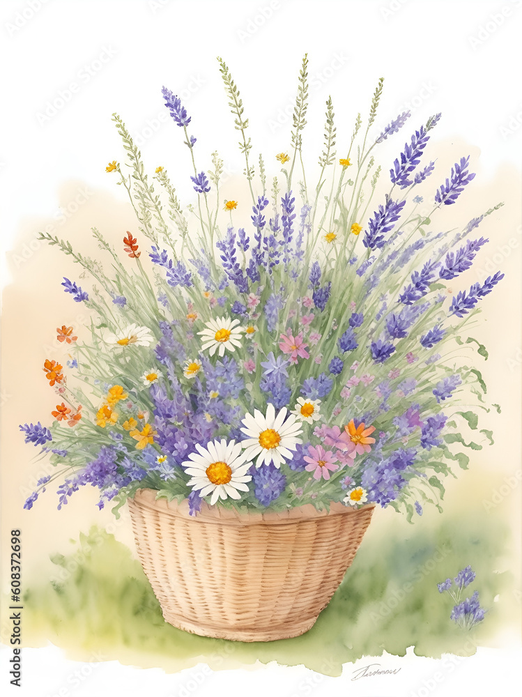  Field flowers (cornflowers, chamomile, lavender) in a wicker basket. Watercolor
